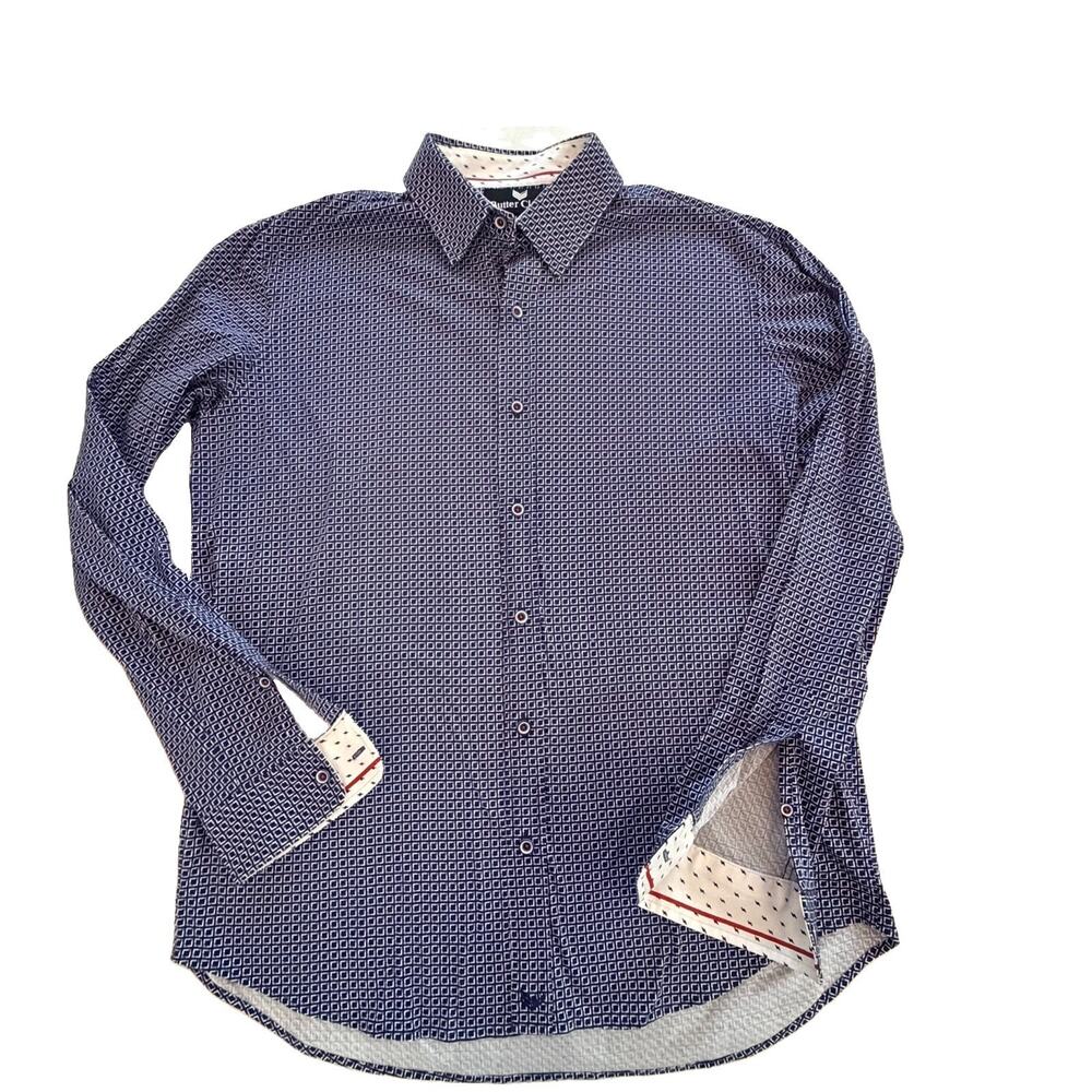 Buttercloth Mens Navy Geometric Flip Cuff Button Down Shirt L 100% Cotton EUC